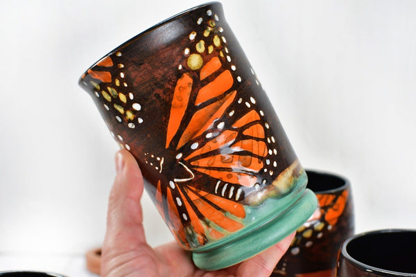 Monarch Butterfly Handmade Ceramic Coffee Mug, Copper Glazed Pottery Stoneware Large Cup - Green, White, Black, Orange - Unique Gift