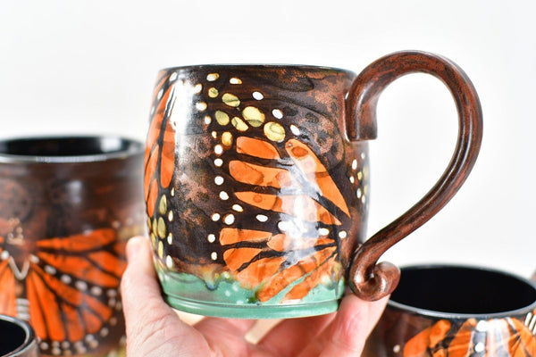 Monarch Butterfly Handmade Ceramic Coffee Mug, Copper Glazed Pottery Stoneware Large Cup - Green, White, Black, Orange - Unique Gift