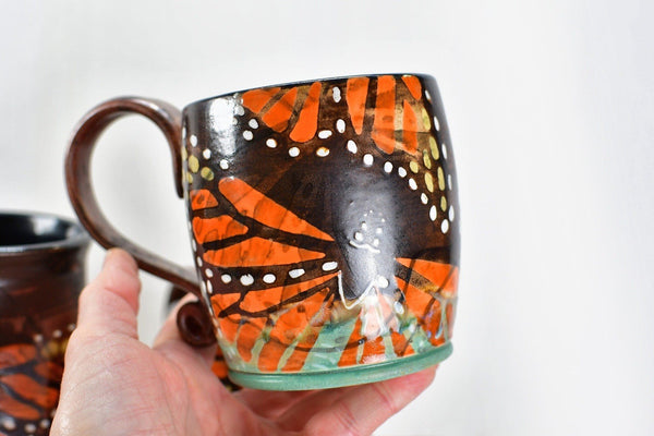 Monarch Butterfly Handmade Ceramic Coffee Mug, Copper Glazed Pottery Stoneware Large Cup - Green, White, Black, Orange - Unique Gift