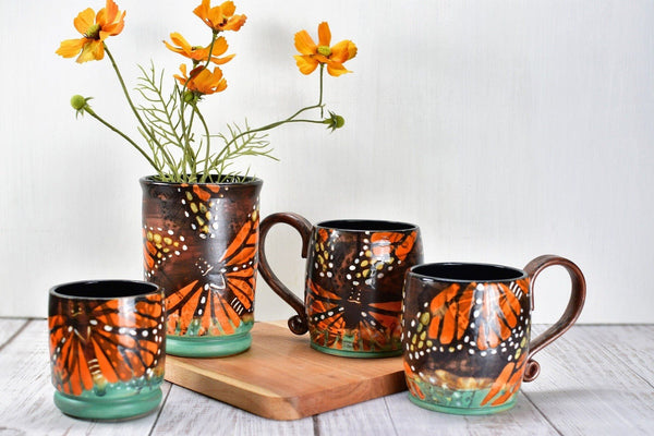 Monarch Butterfly Handmade Ceramic Coffee Mug, Copper Glazed Pottery Stoneware Large Cup - Green, White, Black, Orange - Unique Gift