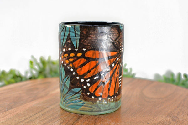 Monarch Butterfly Handmade Ceramic Tumbler Cup with Blue Flowers, Handleless Stoneware Pottery Mug in Copper Bronze Gift for Her Anniversary