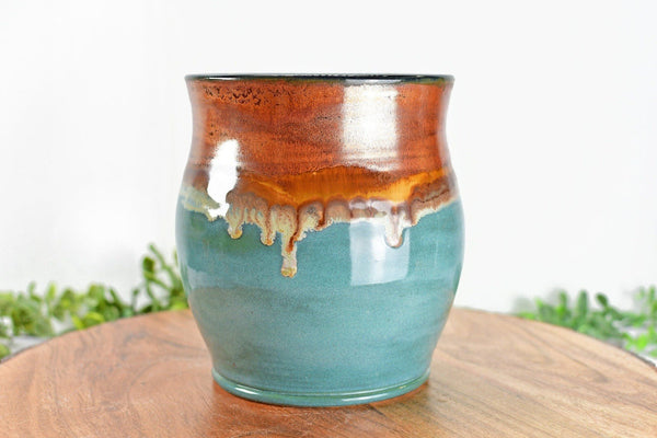 Ceramic Utensil Holder Crock for Kitchen Countertop, Drippy Copper Pottery Organizer in Tourmaline Blue, Flower Pot or Housewarming Gift