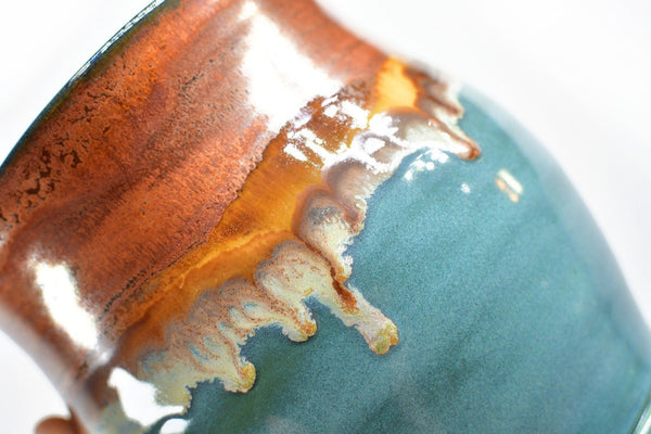 Ceramic Utensil Holder Crock for Kitchen Countertop, Drippy Copper Pottery Organizer in Tourmaline Blue, Flower Pot or Housewarming Gift