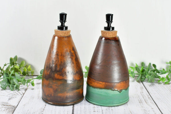 Handmade Ceramic Lotion / Soap Dispenser Stoneware Pottery in Bronze, Copper, Rust Orange, and Turquoise for Bathroom and Kitchen Decor