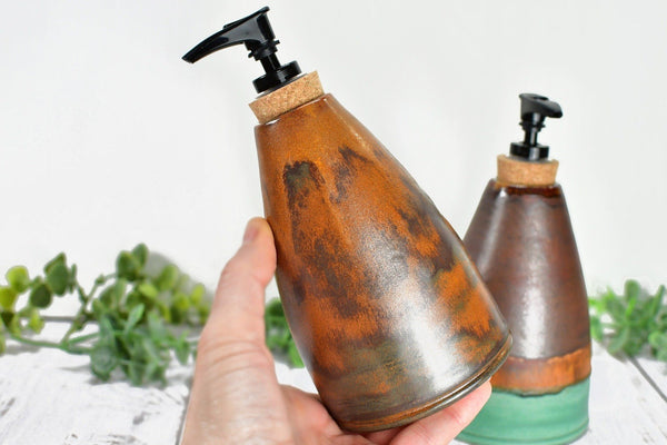 Handmade Ceramic Lotion / Soap Dispenser Stoneware Pottery in Bronze, Copper, Rust Orange, and Turquoise for Bathroom and Kitchen Decor