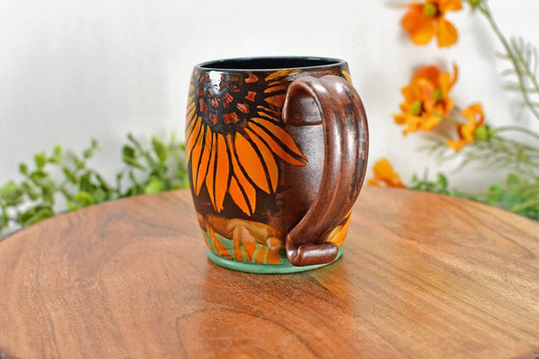 Ceramic Pottery Mug, Sunflower Handmade Stoneware Yellow Brown Coffee Cup, Flowers, Lead Free Glaze, Hand Painted, Green, Orange, Spring