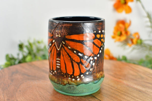 Monarch Butterfly Handmade Ceramic Tumbler Cup, Handleless Stoneware Pottery Mug in Copper Bronze for Birthday, Mother's Day, or Anniversary