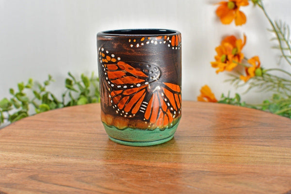 Monarch Butterflies Handmade Ceramic Tumbler Cup, Handleless Stoneware Pottery Mug in Copper Bronze for Birthday, Mother's Day, Anniversary