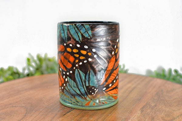 Monarch Butterfly Handmade Ceramic Tumbler Cup with Blue Flowers, Handleless Stoneware Pottery Mug in Copper Bronze Gift for Her Anniversary
