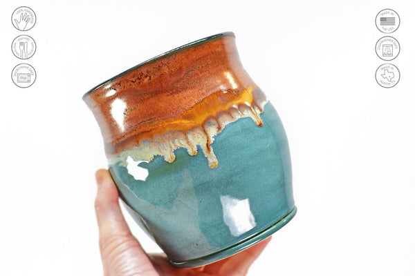 Ceramic Utensil Holder Crock for Kitchen Countertop, Drippy Copper Pottery Organizer in Tourmaline Blue, Flower Pot or Housewarming Gift