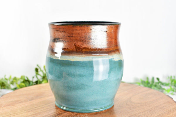 Ceramic Utensil Holder Crock for Kitchen Countertop, Drippy Copper Pottery Organizer in Tourmaline Blue, Flower Pot or Housewarming Gift