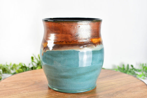 Ceramic Utensil Holder Crock for Kitchen Countertop, Drippy Copper Pottery Organizer in Tourmaline Blue, Flower Pot or Housewarming Gift