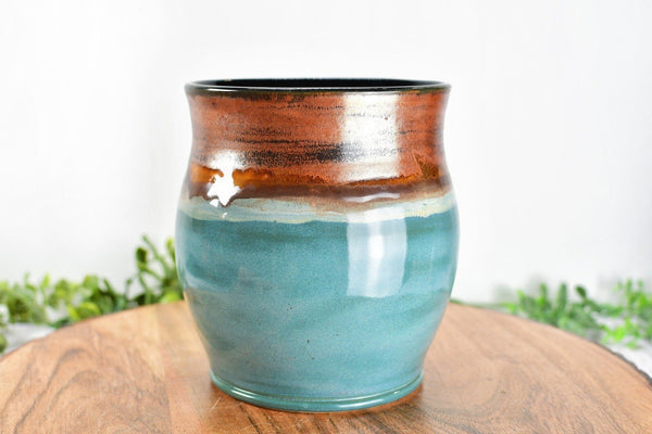 Ceramic Utensil Holder Crock for Kitchen Countertop, Drippy Copper Pottery Organizer in Tourmaline Blue, Flower Pot or Housewarming Gift