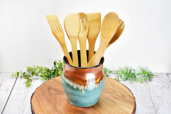 Ceramic Utensil Holder Crock for Kitchen Countertop, Drippy Copper Pottery Organizer in Tourmaline Blue, Flower Pot or Housewarming Gift