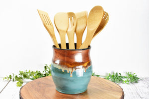 Ceramic Utensil Holder Crock for Kitchen Countertop, Drippy Copper Pottery Organizer in Tourmaline Blue, Flower Pot or Housewarming Gift