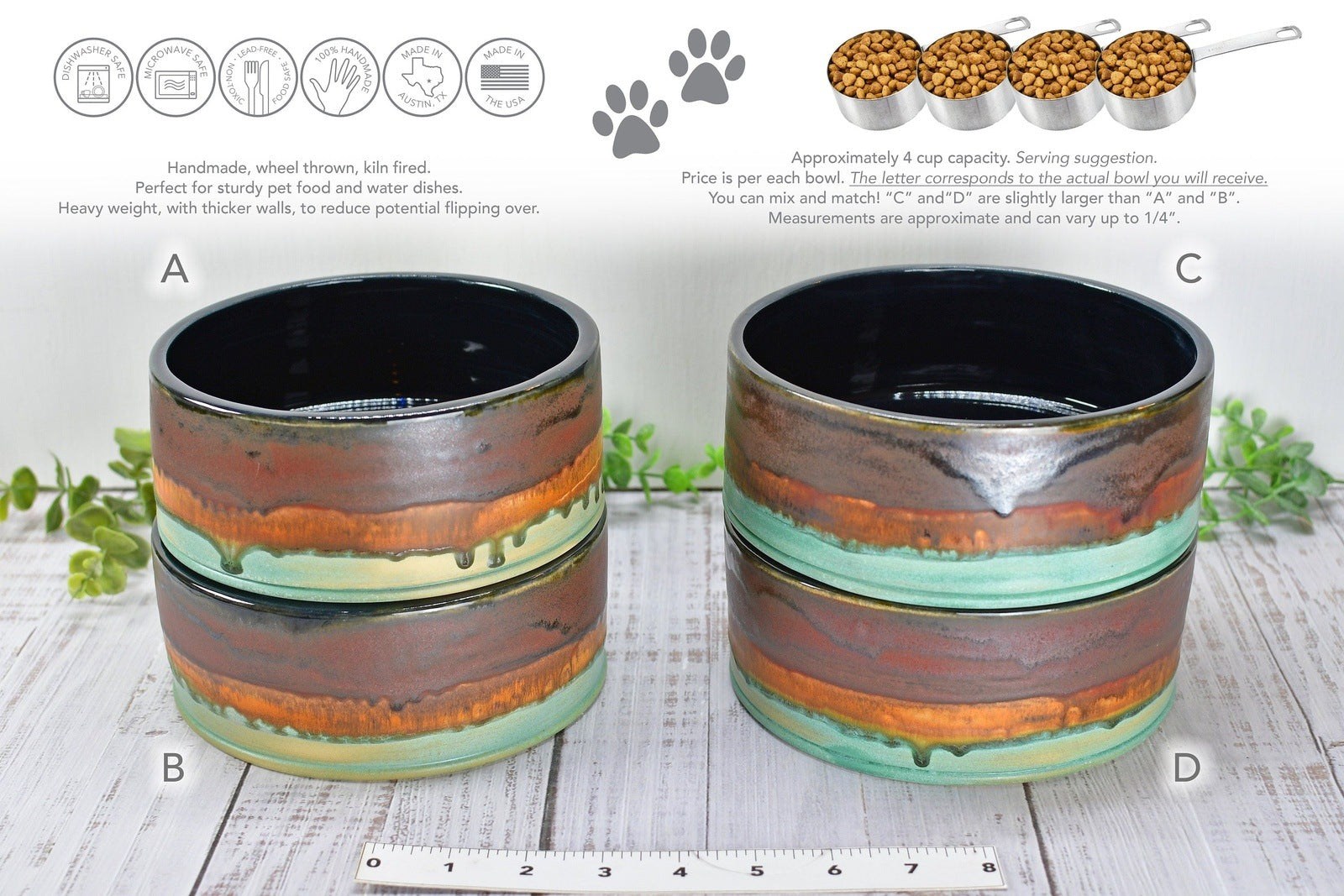 Ceramic Dog Food or Water Bowl in Bronze, Verdigris Green and Black - Handmade Stoneware Pottery Wheel Thrown Medium to Large Size Pet Dish