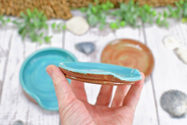 Turquoise & Rust Brown Ceramic Spoon Rest, Handmade Stoneware Pottery, Medium and Large for Stovetop, Tabletop, Countertop or Coffee Tea Bag