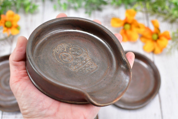 Bronze Brown Ceramic Spoon Rest, Handmade Stoneware Pottery, Medium or Large for Stovetop, Countertop, Coffee Tea Bag, Copper, Sugar Skull