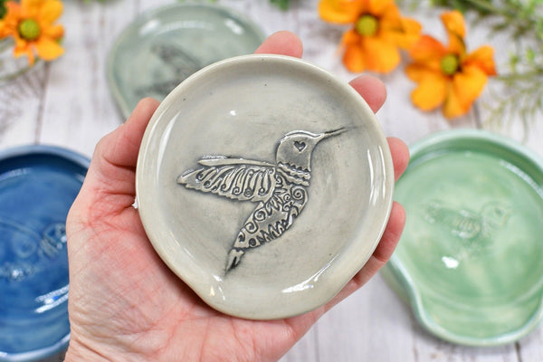 Hummingbird Ceramic Coffee Spoon Rest, Medium and Large Handmade Stoneware Stove Top Pottery in Blue, Gray, Green, Celadon - Gift for Her