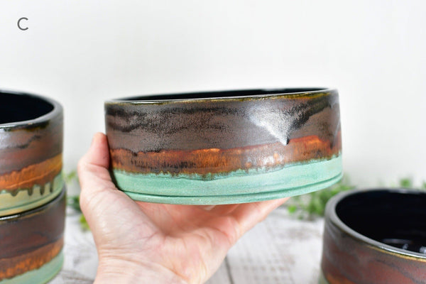 Ceramic Dog Food or Water Bowl in Bronze, Verdigris Green and Black - Handmade Stoneware Pottery Wheel Thrown Medium to Large Size Pet Dish