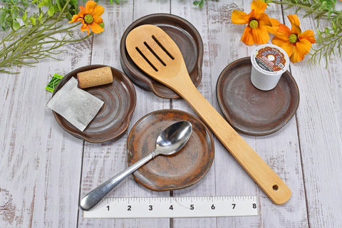Bronze Brown Ceramic Spoon Rest, Handmade Stoneware Pottery, Medium or Large for Stovetop, Countertop, Coffee Tea Bag, Copper, Sugar Skull